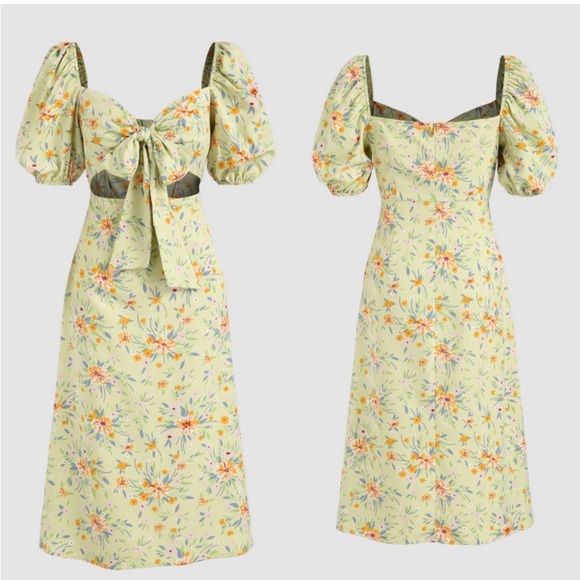 NWT Floral Cut Out Stomach Puffed Sleeve Midi Dress - Picture 2 of 14